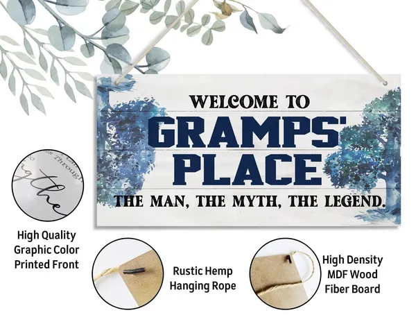 White_Vintage_Welcome_To_Gramps'_Place_The_Man,_The_Myth,_The_Legend_Wood_Decor_Sign,_Hanging_Printed_Wooden_Plaque_Decor,_Rustic_Home_Decor_Sign,_Home_Accent,_Gift_|_For_Grandpa_12X6_Inch