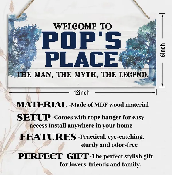 White_Vintage_Welcome_To_Pop'S_Place_The_Man,_The_Myth,_The_Legend_Wood_Decor_Sign,_Hanging_Printed_Wooden_Plaque_Decor,_Rustic_Home_Decor_Sign,_Home_Accent,_Gift_|_For_Grandpa_12X6_Inch