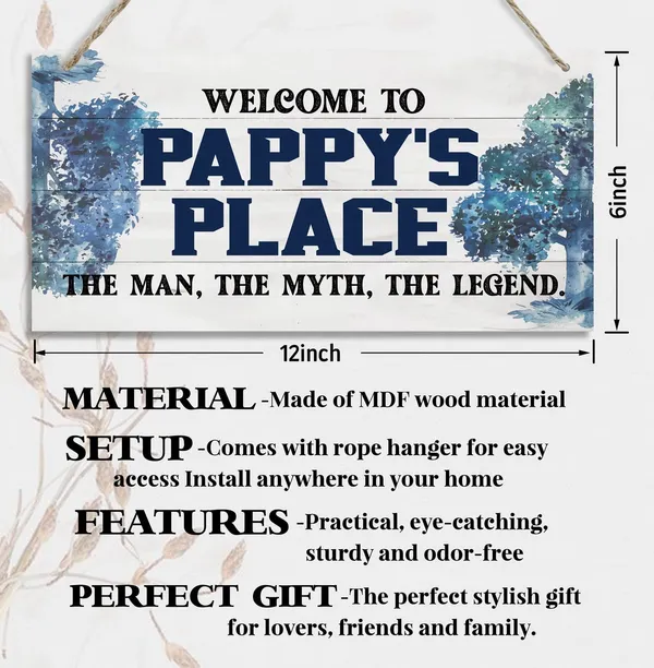 White_Vintage_Welcome_To_Pappy'S_Place_The_Man,_The_Myth,_The_Legend_Wood_Decor_Sign,_Hanging_Printed_Wooden_Plaque_Decor,_Rustic_Home_Decor_Sign,_Home_Accent,_Gift_|_For_Grandpa_12X6_Inch