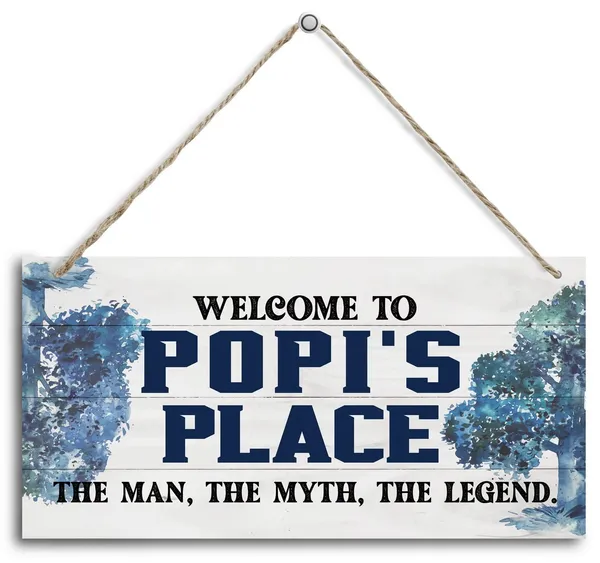 White_Vintage_Welcome_To_Popi'S_Place_The_Man,_The_Myth,_The_Legend_Wood_Decor_Sign,_Hanging_Printed_Wooden_Plaque_Decor,_Rustic_Home_Decor_Sign,_Home_Accent,_Gift_|_For_Grandpa_12X6_Inch