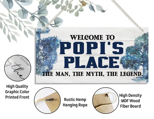 White_Vintage_Welcome_To_Popi'S_Place_The_Man,_The_Myth,_The_Legend_Wood_Decor_Sign,_Hanging_Printed_Wooden_Plaque_Decor,_Rustic_Home_Decor_Sign,_Home_Accent,_Gift_|_For_Grandpa_12X6_Inch