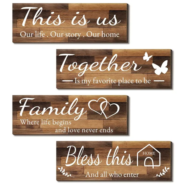 Brown_4_Pieces_Home_Wall_Decor_Signs,_This_Is_Us/_Together/_Bless_This_Home/_Family_Wall_Decor_|_For_Living_Room_Bedroom,_Rustic_Wooden_Farmhouse_Wall_Art_Decor,_4.7_X_13.8_Inch(Brown)