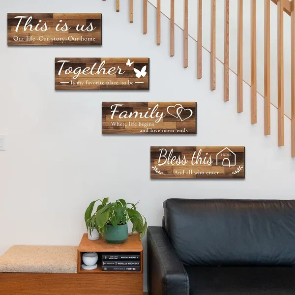 Brown_4_Pieces_Home_Wall_Decor_Signs,_This_Is_Us/_Together/_Bless_This_Home/_Family_Wall_Decor_|_For_Living_Room_Bedroom,_Rustic_Wooden_Farmhouse_Wall_Art_Decor,_4.7_X_13.8_Inch(Brown)