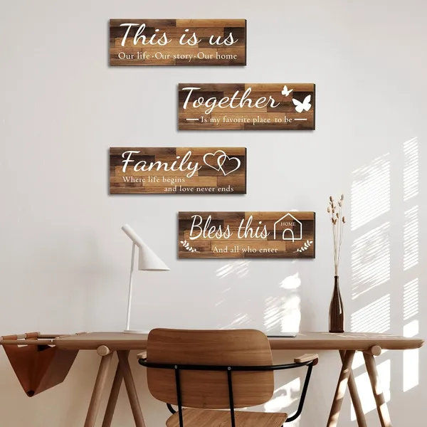 Brown_4_Pieces_Home_Wall_Decor_Signs,_This_Is_Us/_Together/_Bless_This_Home/_Family_Wall_Decor_|_For_Living_Room_Bedroom,_Rustic_Wooden_Farmhouse_Wall_Art_Decor,_4.7_X_13.8_Inch(Brown)