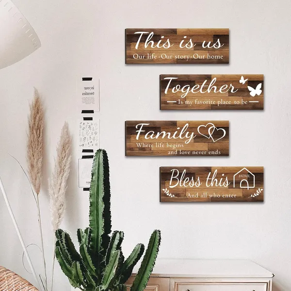 Brown_4_Pieces_Home_Wall_Decor_Signs,_This_Is_Us/_Together/_Bless_This_Home/_Family_Wall_Decor_|_For_Living_Room_Bedroom,_Rustic_Wooden_Farmhouse_Wall_Art_Decor,_4.7_X_13.8_Inch(Brown)