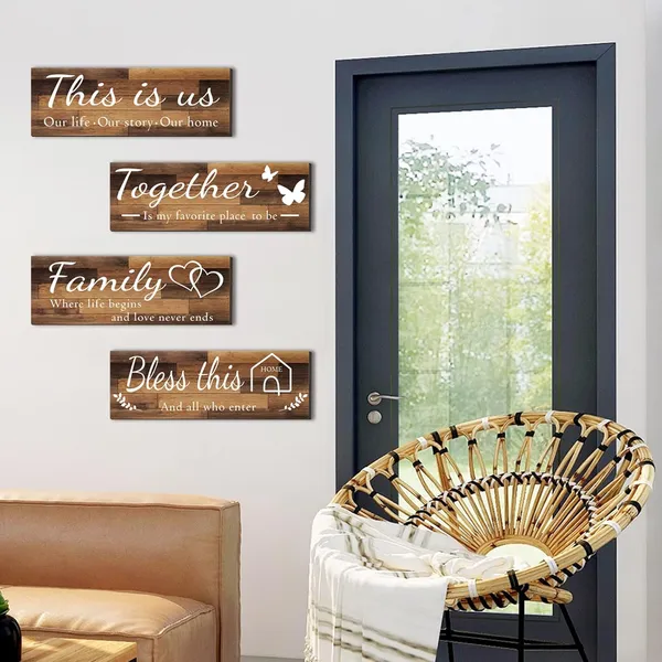 Brown_4_Pieces_Home_Wall_Decor_Signs,_This_Is_Us/_Together/_Bless_This_Home/_Family_Wall_Decor_|_For_Living_Room_Bedroom,_Rustic_Wooden_Farmhouse_Wall_Art_Decor,_4.7_X_13.8_Inch(Brown)