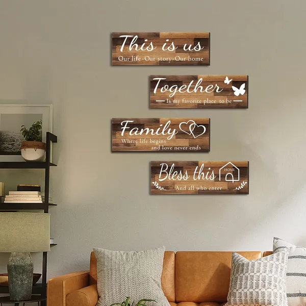 Brown_4_Pieces_Home_Wall_Decor_Signs,_This_Is_Us/_Together/_Bless_This_Home/_Family_Wall_Decor_|_For_Living_Room_Bedroom,_Rustic_Wooden_Farmhouse_Wall_Art_Decor,_4.7_X_13.8_Inch(Brown)