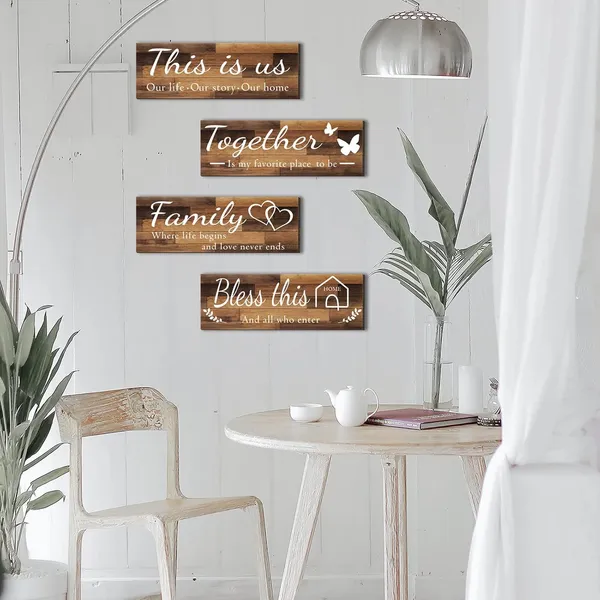 Brown_4_Pieces_Home_Wall_Decor_Signs,_This_Is_Us/_Together/_Bless_This_Home/_Family_Wall_Decor_|_For_Living_Room_Bedroom,_Rustic_Wooden_Farmhouse_Wall_Art_Decor,_4.7_X_13.8_Inch(Brown)