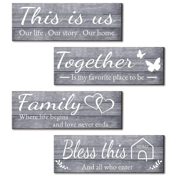 Gray_4_Pieces_Home_Wall_Decor_Signs,_This_Is_Us/_Together/_Bless_This_Home/_Family_Wall_Decor_|_For_Living_Room_Bedroom,_Rustic_Wooden_Farmhouse_Wall_Art_Decor,_4.7_X_13.8_Inch(Gray)