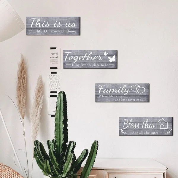 Gray_4_Pieces_Home_Wall_Decor_Signs,_This_Is_Us/_Together/_Bless_This_Home/_Family_Wall_Decor_|_For_Living_Room_Bedroom,_Rustic_Wooden_Farmhouse_Wall_Art_Decor,_4.7_X_13.8_Inch(Gray)