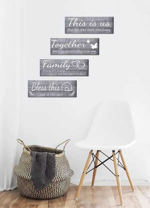 Gray_4_Pieces_Home_Wall_Decor_Signs,_This_Is_Us/_Together/_Bless_This_Home/_Family_Wall_Decor_|_For_Living_Room_Bedroom,_Rustic_Wooden_Farmhouse_Wall_Art_Decor,_4.7_X_13.8_Inch(Gray)