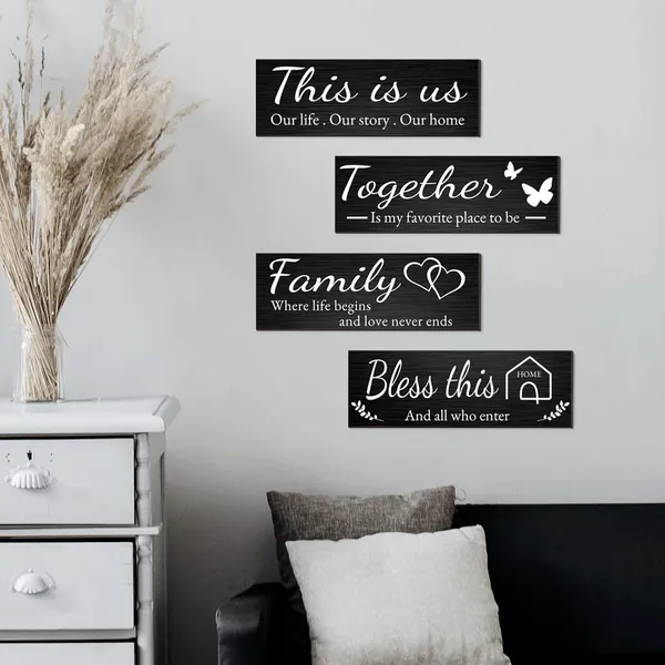 Black_Joyhawk_4_Pieces_Home_Wall_Decor_Signs,_This_Is_Us/Together/Bless_This_Home/Family_Wall_Decor_|_For_Living_Room_Bedroom,_Rustic_Wooden_Farmhouse_Wall_Art_Decor,_4.7_X_13.8_Inch(Black)