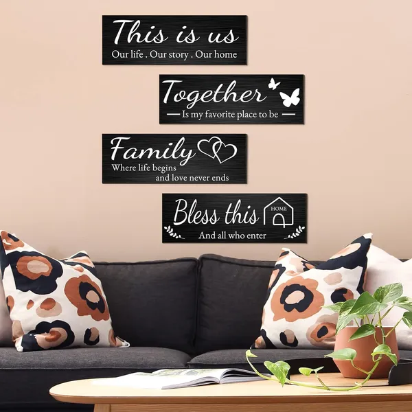 Black_Joyhawk_4_Pieces_Home_Wall_Decor_Signs,_This_Is_Us/Together/Bless_This_Home/Family_Wall_Decor_|_For_Living_Room_Bedroom,_Rustic_Wooden_Farmhouse_Wall_Art_Decor,_4.7_X_13.8_Inch(Black)