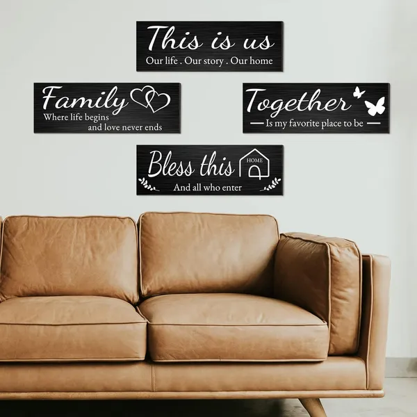 Black_Joyhawk_4_Pieces_Home_Wall_Decor_Signs,_This_Is_Us/Together/Bless_This_Home/Family_Wall_Decor_|_For_Living_Room_Bedroom,_Rustic_Wooden_Farmhouse_Wall_Art_Decor,_4.7_X_13.8_Inch(Black)