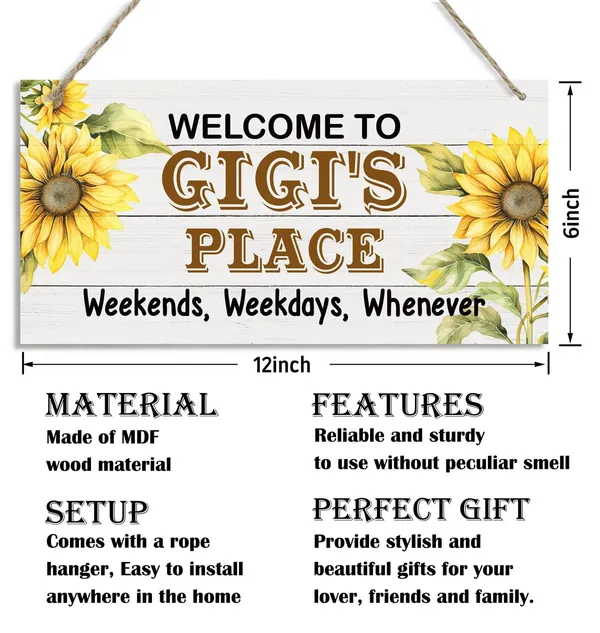 White_Rustic_Welcome_To_Gigi'S_Place_Decor_Sign,_Welcome_Decor_Sign,_Sunflower_Sign,_Hanging_Decorative_Wood_Plaque,_Printed_Wood_Art_Wall_Decor,_Porch_Decor_Sign,_Gigi'S_Gift,_Gift_|_For_Grandma_12X6In