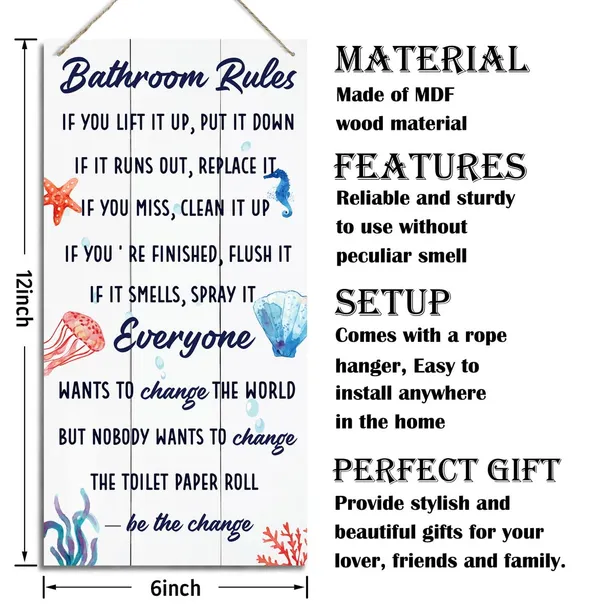 White_Bathroom_Decor_Sign,_Decorative_Wood_Hanging_Wood_Plaque,_Farmhouse_Bathroom_Decorations,_Bathroom_Art_Wall_Decor,_Funny_Ocean_Beach_Bathroom_Decor,_Office_Home_Toilet_Door_Hanger,_Bathroom_Rules_Sign