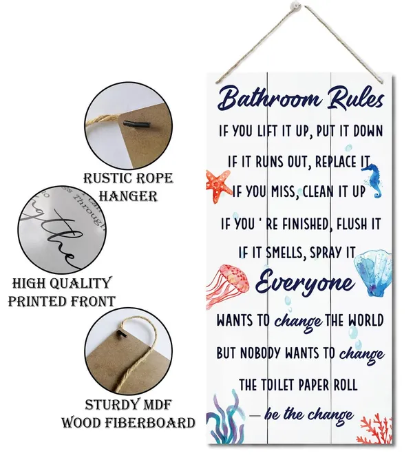 White_Bathroom_Decor_Sign,_Decorative_Wood_Hanging_Wood_Plaque,_Farmhouse_Bathroom_Decorations,_Bathroom_Art_Wall_Decor,_Funny_Ocean_Beach_Bathroom_Decor,_Office_Home_Toilet_Door_Hanger,_Bathroom_Rules_Sign