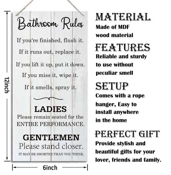 White_Bathroom_Decor_Sign,_Decorative_Wood_Hanging_Wood_Plaque,_Farmhouse_Bathroom_Decorations,_Bathroom_Art_Wall_Decor,_New_House_Decor_|_For_Bathroom_Toilet,_Bathroom_Rules_|_For_Ladies_And_Gentleman_Sign