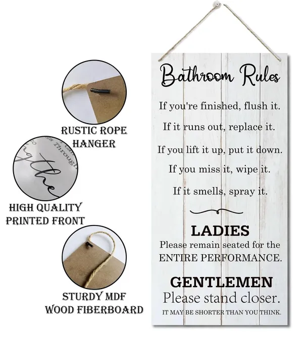 White_Bathroom_Decor_Sign,_Decorative_Wood_Hanging_Wood_Plaque,_Farmhouse_Bathroom_Decorations,_Bathroom_Art_Wall_Decor,_New_House_Decor_|_For_Bathroom_Toilet,_Bathroom_Rules_|_For_Ladies_And_Gentleman_Sign