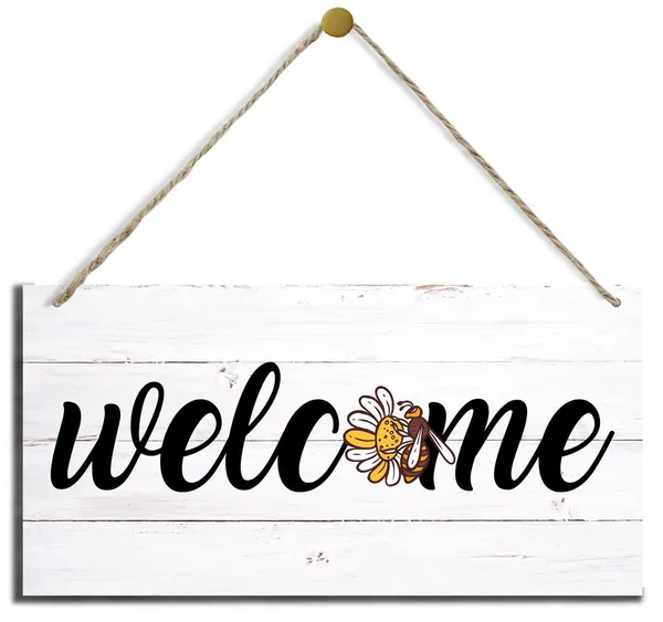 White_Welcome_Sign,_Bee_Decor,_Decorative_Wood_Hanging_Wood_Plaque,_Wall_Decor_Art,_Spring_Welcome_Sign,_Rustic_Door_Hanger_|_For_Indoor_Outdoor,_Decorations_|_For_Home_Front_Door_Porch_Garden_Office