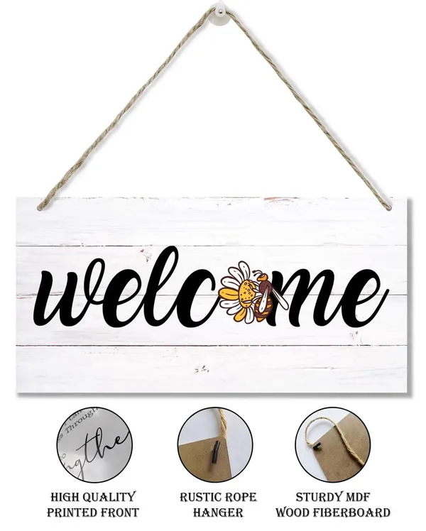 White_Welcome_Sign,_Bee_Decor,_Decorative_Wood_Hanging_Wood_Plaque,_Wall_Decor_Art,_Spring_Welcome_Sign,_Rustic_Door_Hanger_|_For_Indoor_Outdoor,_Decorations_|_For_Home_Front_Door_Porch_Garden_Office