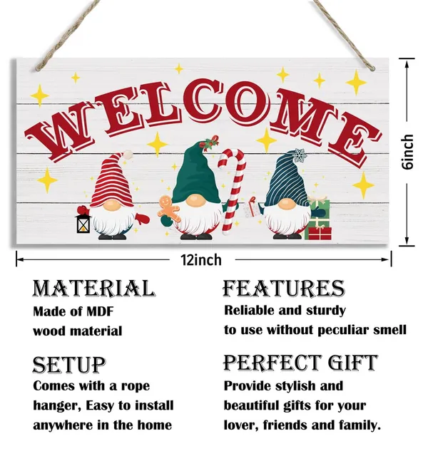 White_Christmas_Decor,_Christmas_Welcome_Sign,_Decorative_Wood_Hanging_Wood_Plaque,_Santa_Gnome_Welcome_Sign,_Cute_Door_Hanger,_Front_Door_Decor,_Home_Farmhouse_Decor,_Christmas_Wall_Decor_With_Rope