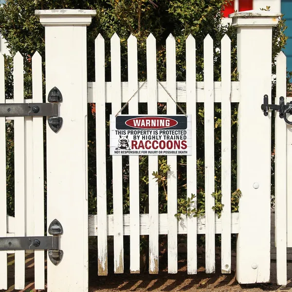 White_Funny_Warning_Signs,_The_Property_Is_Protected_By_Highly_Trained_Raccoons_Sign,_Decorative_Wood_Hanging_Wood_Plaque,_Raccoon_Wall_Decor,_Backyard_Decor,_Home_Garden_Decor_|_For_Indoor_Outdoor_Use