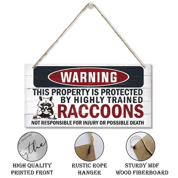White_Funny_Warning_Signs,_The_Property_Is_Protected_By_Highly_Trained_Raccoons_Sign,_Decorative_Wood_Hanging_Wood_Plaque,_Raccoon_Wall_Decor,_Backyard_Decor,_Home_Garden_Decor_|_For_Indoor_Outdoor_Use