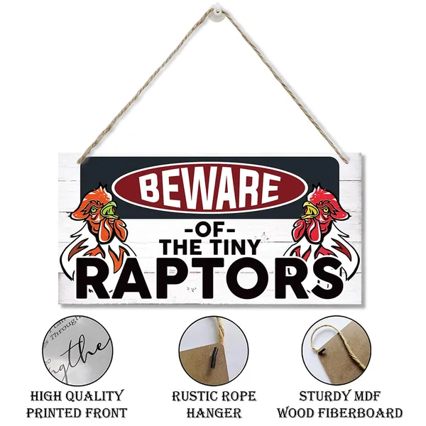 White_Farmhouse_Wood_Sign,_Beware_Of_The_Tiny_Raptors_Sign,_Beware_Of_Chicken_Signs,_Decorative_Wood_Hanging_Wood_Plaque,_Chicken_Farm_Decor,_Wall_Signs_|_For_Farm_Kitchen_Rooster_Hen_House_Decor