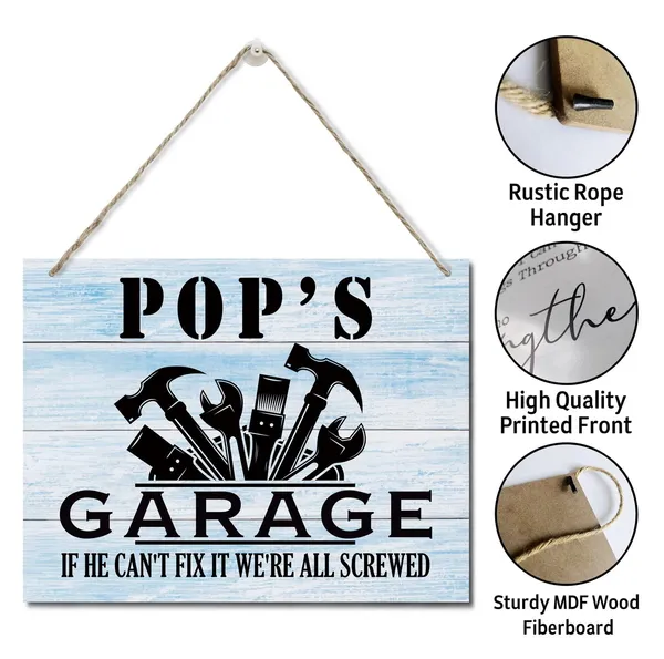 White_Rustic_"Pop'S_Garage_If_He_Can'T_Fix_It_We'Re_All_Screwed"_Wood_Sign,_Hanging_Printed_Wall_Plaque_Wood_Signs,_Farmhouse_Decor,_Home_Decor,_Dad_Gift_Garage,_Father'S_Day_Gift_|_For_Grandpa_10_X_7.8_Inch