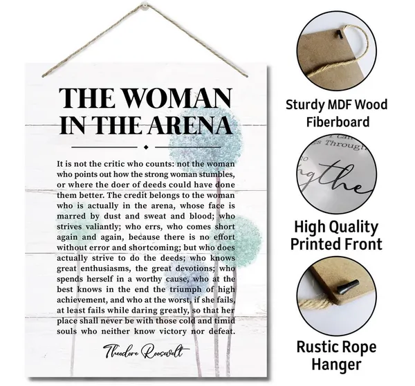 White_The_Woman_In_The_Arena_Decor_Sign,_Theodore_Roosevelt_Inspirational_Quote,_Hanging_Printed_Wall_Plaque_Wood_Signs,_Office_Wooden_Wall_Art_Inspirational,_Gifts_|_For_Girls_Women_Entrepreneur_10X7.8Inch