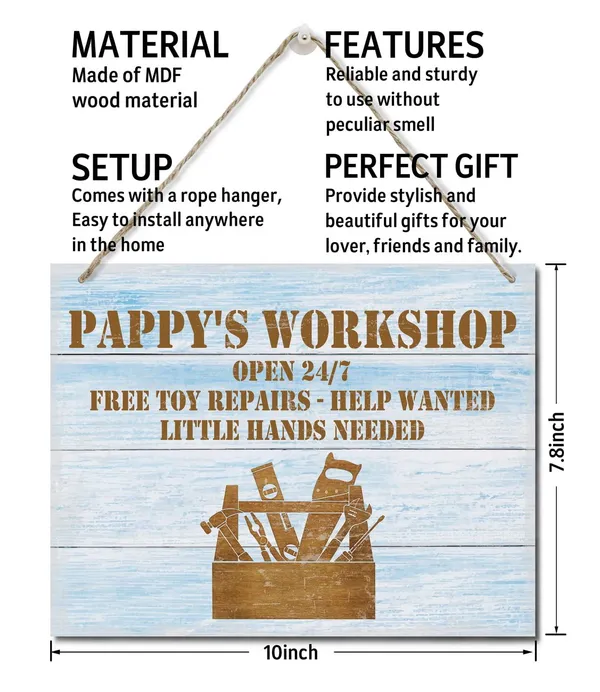 White_Rustic_"Pappy'S_Workshop_Free_Toy_Repair_Open_24/7"_Wood_Sign,_Hanging_Printed_Wall_Plaque_Wood_Signs,_Farmhouse_Decor,_Home_Decor,_Dad_Gift_Workshop,_Father'S_Day_Gift_|_For_Grandpa_10_X_7.8_Inch