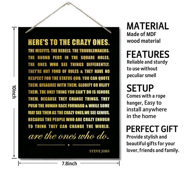 White_Inspirational_Decor_Sign,_Here'S_To_The_Crazy_Ones,_Hanging_Printed_Wall_Plaque_Wood_Signs,_Office_Study_School_Decor,_Hanging_Wall_Decor_Sign,_Great_Art_Gift_|_For_Teacher_Classroom_10X7.8Inch