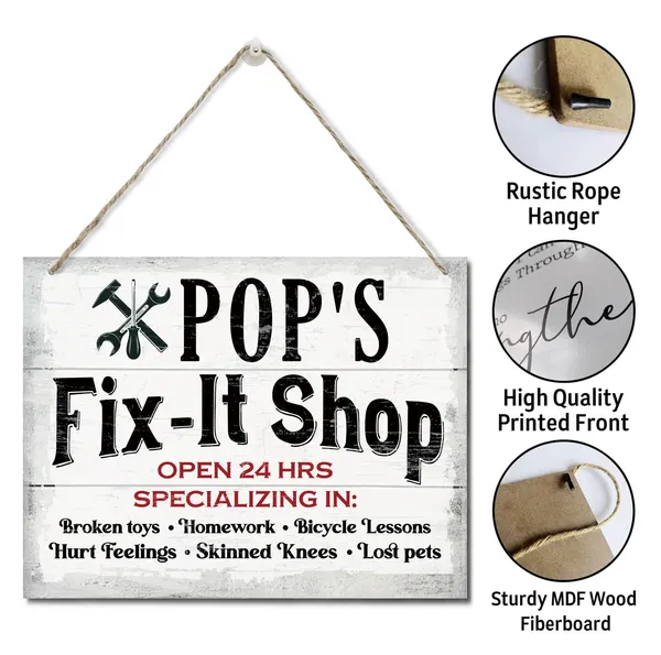 White_Rustic_"Pop'S_Fix-It_Shop_Open_24_Hours"_Wall_Art_Sign,_Hanging_Printed_Wall_Plaque_Wood_Signs,_Farmhouse_Decor,_Home_Decor,_Dad_Gift_Garage_Shop,_Father'S_Day_Gift_|_For_Grandpa_10_X_7.8_Inch