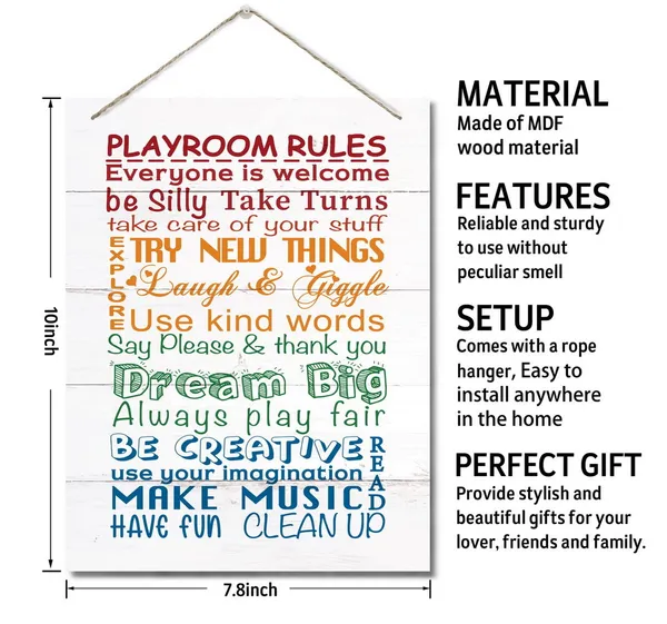 White_Playroom_Rules_Decor_Sign,_Educational_Wall_Art_Decor,_Home_Decor,_Hanging_Printed_Wall_Plaque_Wood_Signs,_Playroom_Room_Decor,_Kid'S_Room_Decor,_Gift_|_For_Children_10X7.8Inch