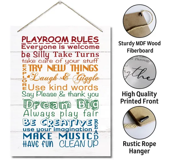 White_Playroom_Rules_Decor_Sign,_Educational_Wall_Art_Decor,_Home_Decor,_Hanging_Printed_Wall_Plaque_Wood_Signs,_Playroom_Room_Decor,_Kid'S_Room_Decor,_Gift_|_For_Children_10X7.8Inch