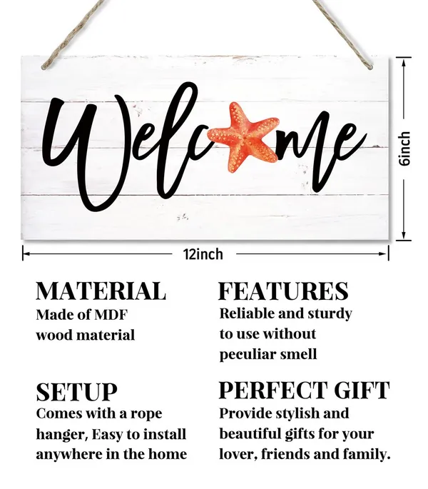 White_Welcome_Decor_Sign,_Hanging_Wood_Sign_Home_Decorative,_Printed_Wood_Wall_Art_Sign,_Starfish_Welcome_Sign,_Welcome_Sign_|_For_Farmhouse_Porch_Wall,_Rustic_Front_Door_Decor,_Hostel_Decor_12_*_6Inch