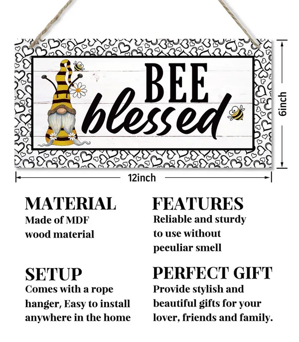White_Gnome_Bee_Blessed_Decor_Sign,_Hanging_Wood_Sign_Home_Decorative,_Printed_Wood_Wall_Art_Sign,_Vintage_Wood_Hanger,_Home_Decor_Sign,_Farmhouse_Wall_Decor,_Decor_Signs_|_For_Home_Bedroom_Gallery_12*6Inch