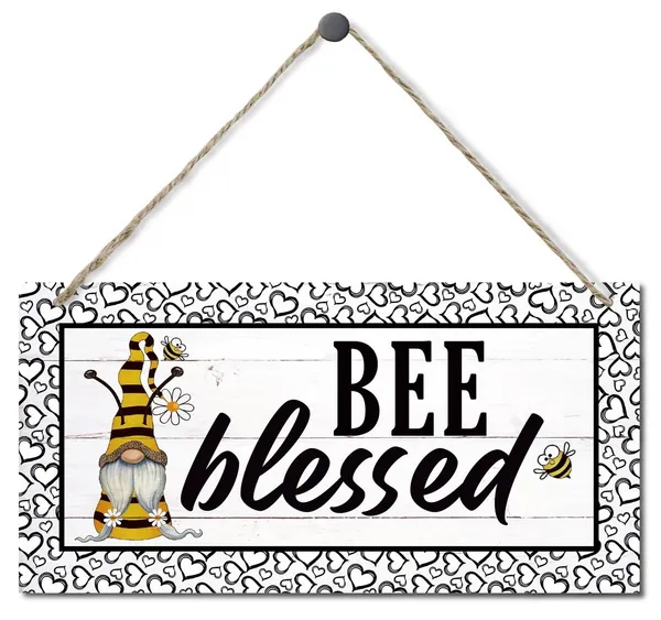 White_Gnome_Bee_Blessed_Decor_Sign,_Hanging_Wood_Sign_Home_Decorative,_Printed_Wood_Wall_Art_Sign,_Vintage_Wood_Hanger,_Home_Decor_Sign,_Farmhouse_Wall_Decor,_Decor_Signs_|_For_Home_Bedroom_Gallery_12*6Inch