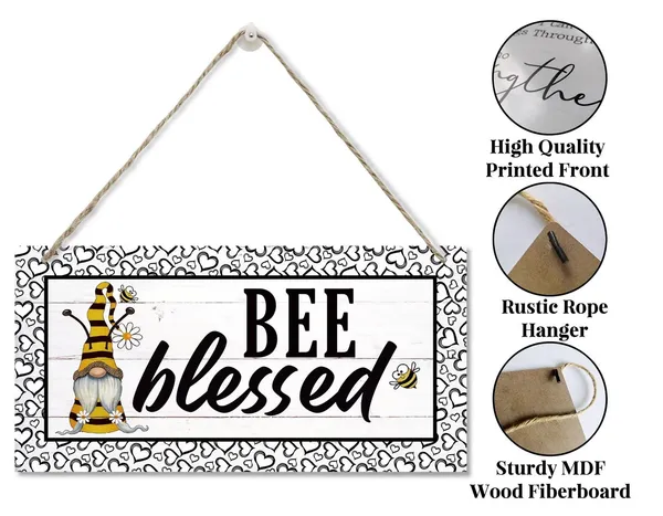 White_Gnome_Bee_Blessed_Decor_Sign,_Hanging_Wood_Sign_Home_Decorative,_Printed_Wood_Wall_Art_Sign,_Vintage_Wood_Hanger,_Home_Decor_Sign,_Farmhouse_Wall_Decor,_Decor_Signs_|_For_Home_Bedroom_Gallery_12*6Inch