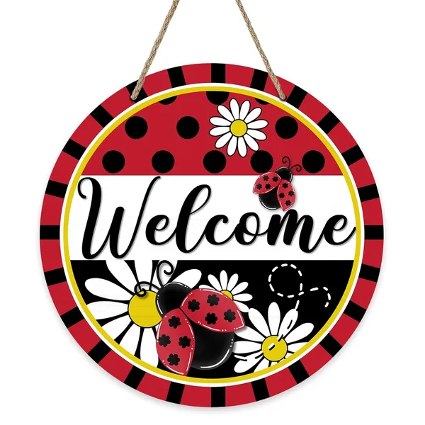 Multicolor_Bolisom_Welcome_Spring_Summer_Ladybug_Front_Door_Sign,_Daisy_Flower_Red_Black_Wood_Door_Hanger_Outdoor_Outside_Porch_Decor,_Polka_Dot_Stripes_Seasonal_Wooden_Wreath_Indoor_Wall_Hanging_Decoration
