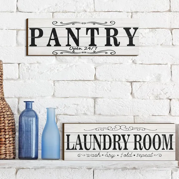 White_2_Pieces_Pantry_Sign_Laundry_Room_Wooden_Sign_Farmhouse_Laundry_Room_Hanging_Sign_Pantry_Hanging_Wooden_Art_Printed_Decor_|_For_Home_Laundry_Room_Pantry_Room,_15_X_5_Inches_(White)