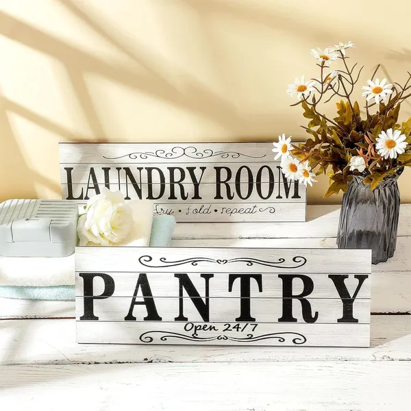 White_2_Pieces_Pantry_Sign_Laundry_Room_Wooden_Sign_Farmhouse_Laundry_Room_Hanging_Sign_Pantry_Hanging_Wooden_Art_Printed_Decor_|_For_Home_Laundry_Room_Pantry_Room,_15_X_5_Inches_(White)