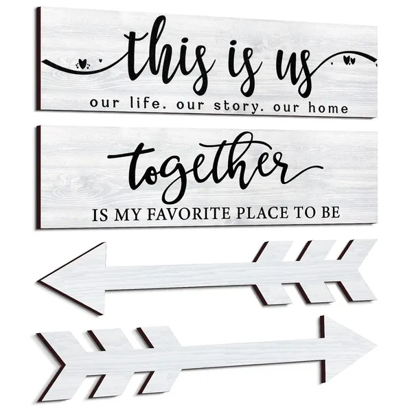 White_4_Pieces_This_Is_Us_Our_Life_Our_Story_Wood_Signs_Rustic_Wood_Together_Signs_Home_Wooden_Wall_Decor_Sign_Wooden_Arrow_Hanging_Signs_Art_|_For_Farmhouse_Entryway_Living_Room,_15_X_4_X_0.2_Inch_(White)