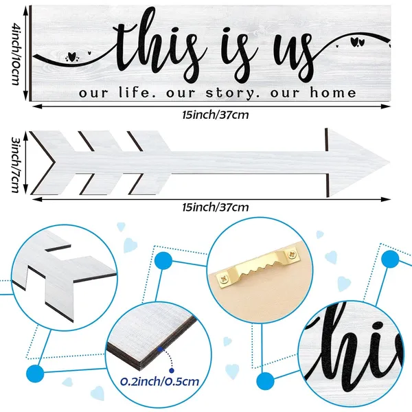 White_4_Pieces_This_Is_Us_Our_Life_Our_Story_Wood_Signs_Rustic_Wood_Together_Signs_Home_Wooden_Wall_Decor_Sign_Wooden_Arrow_Hanging_Signs_Art_|_For_Farmhouse_Entryway_Living_Room,_15_X_4_X_0.2_Inch_(White)
