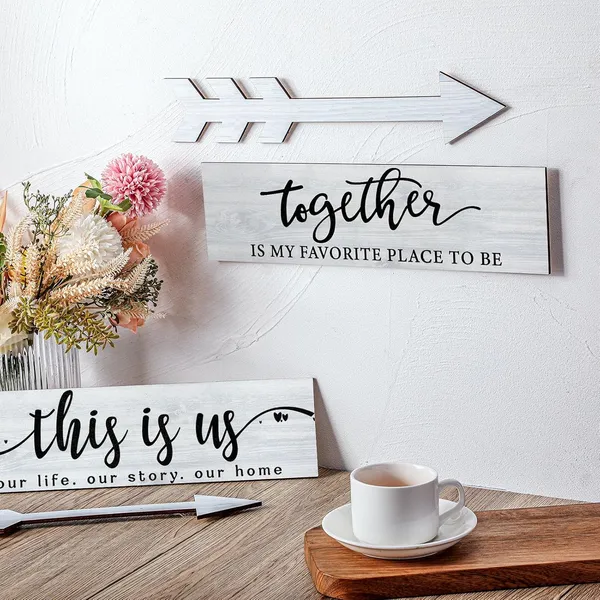 White_4_Pieces_This_Is_Us_Our_Life_Our_Story_Wood_Signs_Rustic_Wood_Together_Signs_Home_Wooden_Wall_Decor_Sign_Wooden_Arrow_Hanging_Signs_Art_|_For_Farmhouse_Entryway_Living_Room,_15_X_4_X_0.2_Inch_(White)