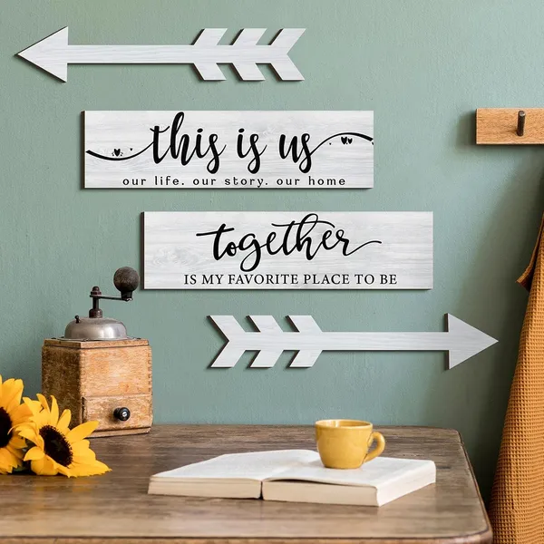 White_4_Pieces_This_Is_Us_Our_Life_Our_Story_Wood_Signs_Rustic_Wood_Together_Signs_Home_Wooden_Wall_Decor_Sign_Wooden_Arrow_Hanging_Signs_Art_|_For_Farmhouse_Entryway_Living_Room,_15_X_4_X_0.2_Inch_(White)