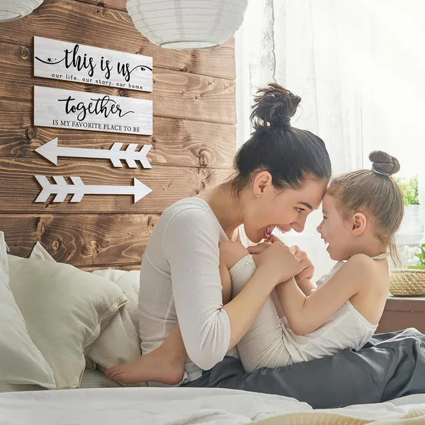 White_4_Pieces_This_Is_Us_Our_Life_Our_Story_Wood_Signs_Rustic_Wood_Together_Signs_Home_Wooden_Wall_Decor_Sign_Wooden_Arrow_Hanging_Signs_Art_|_For_Farmhouse_Entryway_Living_Room,_15_X_4_X_0.2_Inch_(White)