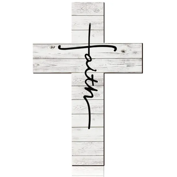 White_Faith_Cross_Wood_Wall_Art_Faith_Cross_Wall_Sign_Wood_Wall_Hanging_Cross_Rustic_Cross_Wall_Decor_Faith_Religious_Home_Hanging_Decor_|_For_Home_Wall_Decorations_Supplies,_12_X_8_Inch