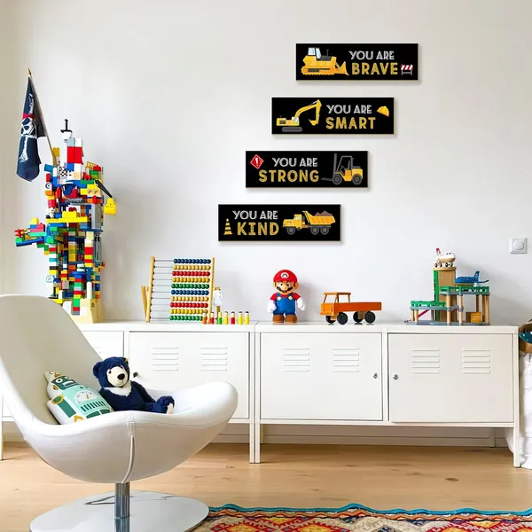 Black_4_Pcs_Construction_Trucks_Theme_Room_Decor_|_For_Boys,Wooden_Hanging_Wall_Pediments_|_For_Kids_Toddler_Boy_Playroom_Art_Inspirational_Quotes.